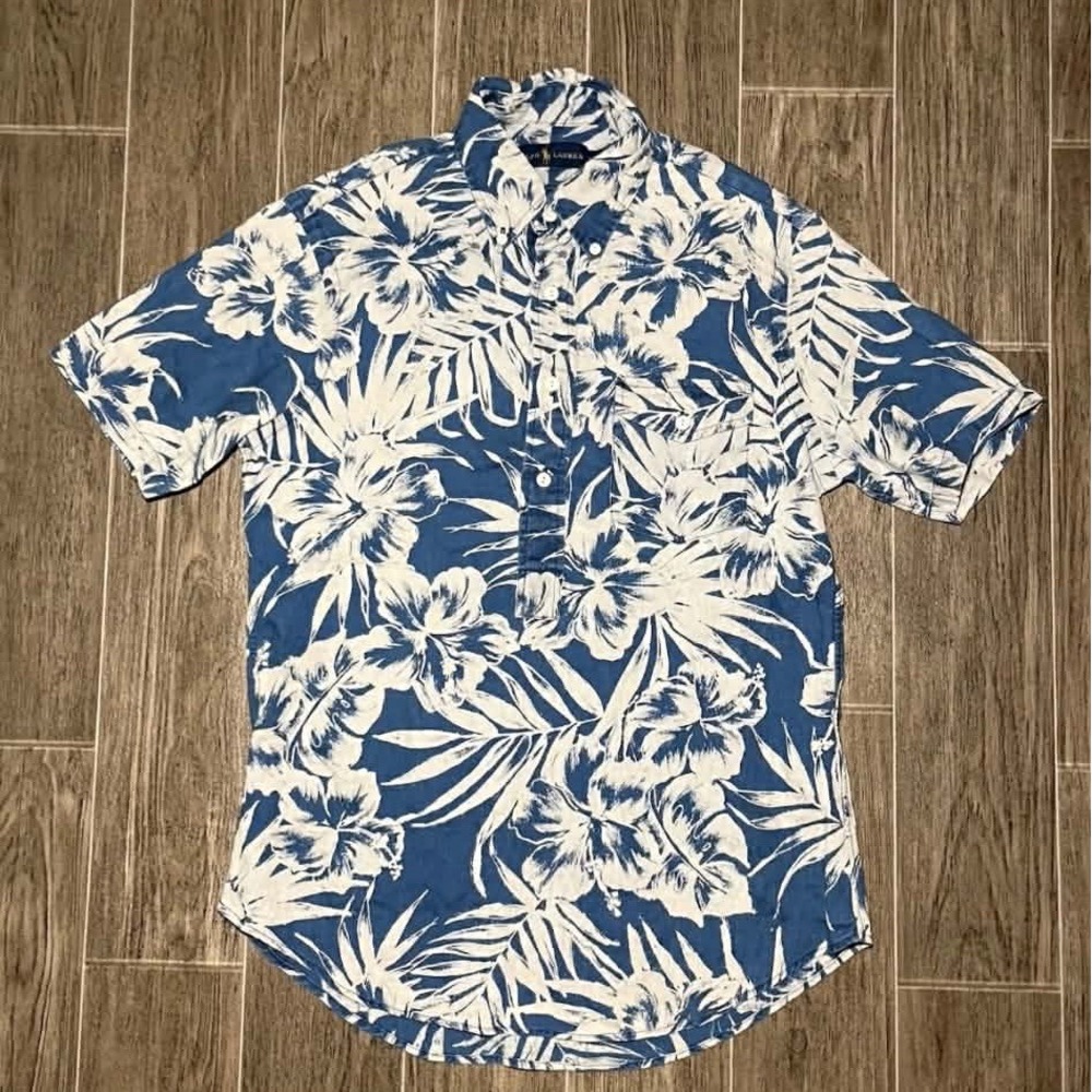Ralph Lauren Linen Popover Shirt Mens Small Blue White Hibiscus Floral Tropical